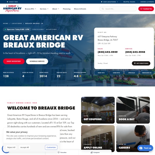 Great American RV SuperStores - Breaux Bridge homepage screenshot