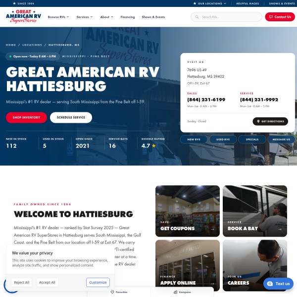 Great American RV SuperStores- Hattiesburg homepage screenshot