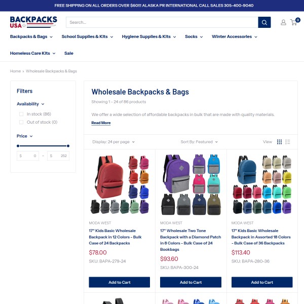 Backpacks USA homepage screenshot