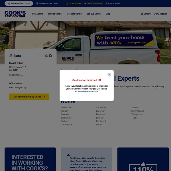 Cook's Pest Control homepage screenshot
