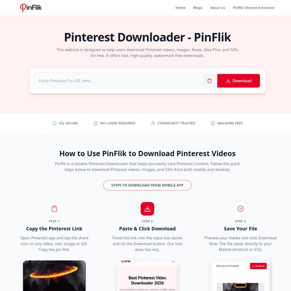 PinFlik Pinterest Downloader homepage screenshot