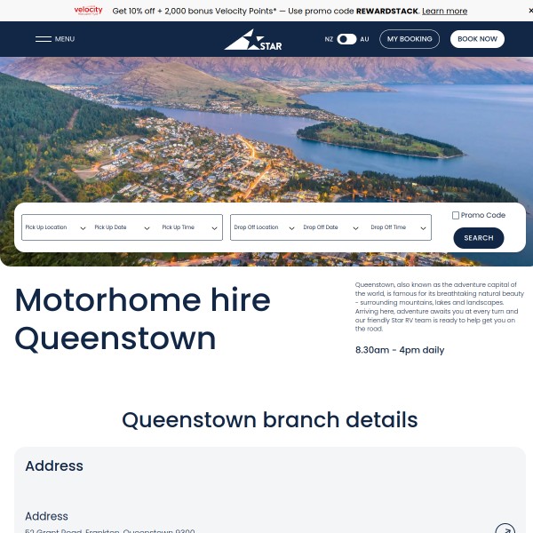 Star RV Motorhome Hire Queenstown homepage screenshot