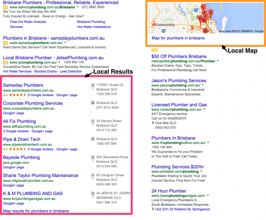 google local search - plumbers in brisbane